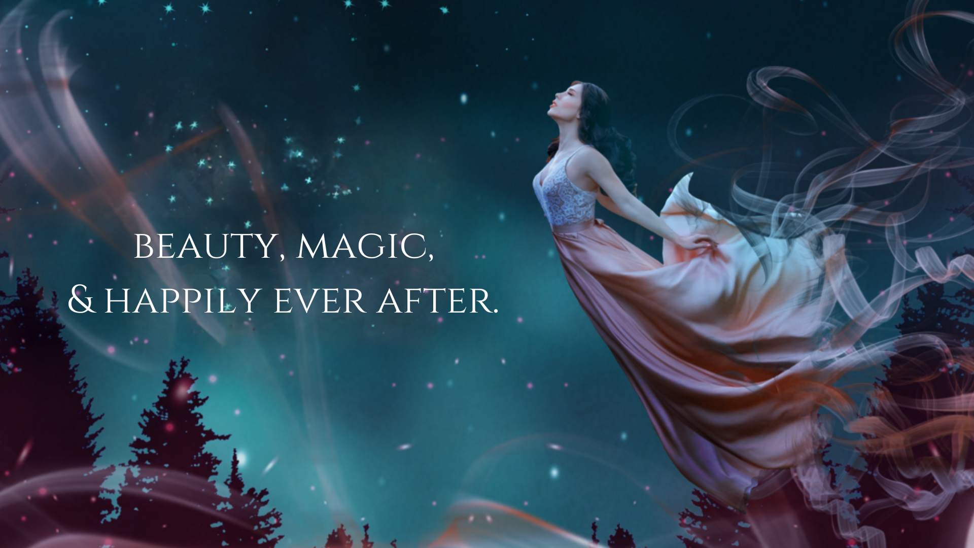 Woman trailing pick ribbons off her dress as she flies through a night sky toward the text "Beauty, Magic, and Happily Ever After"